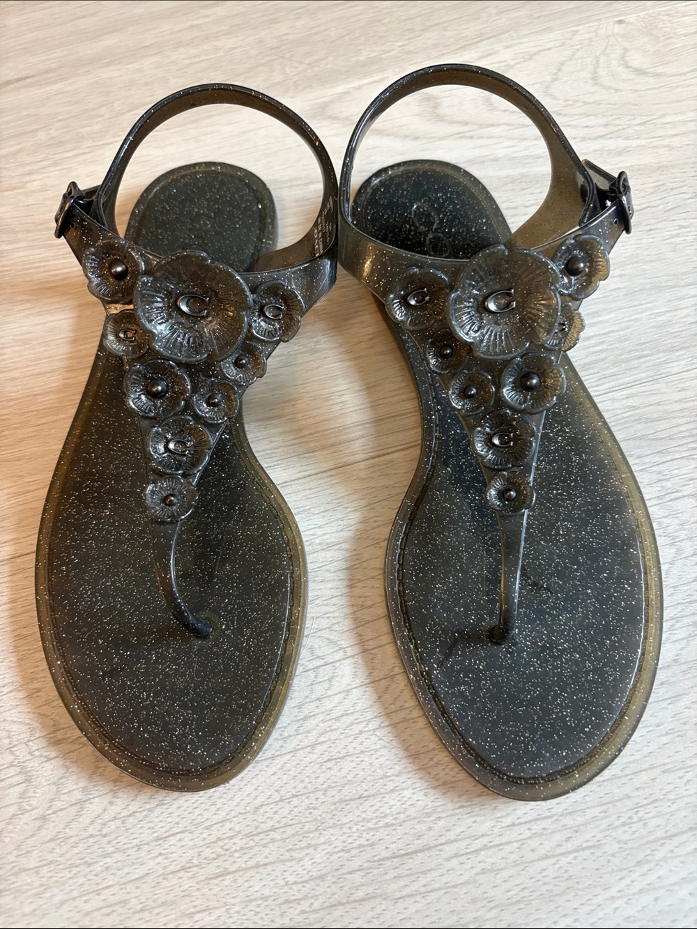 Coach Glitter Jelly Toe-Post Sandals with Floral Accent - Black